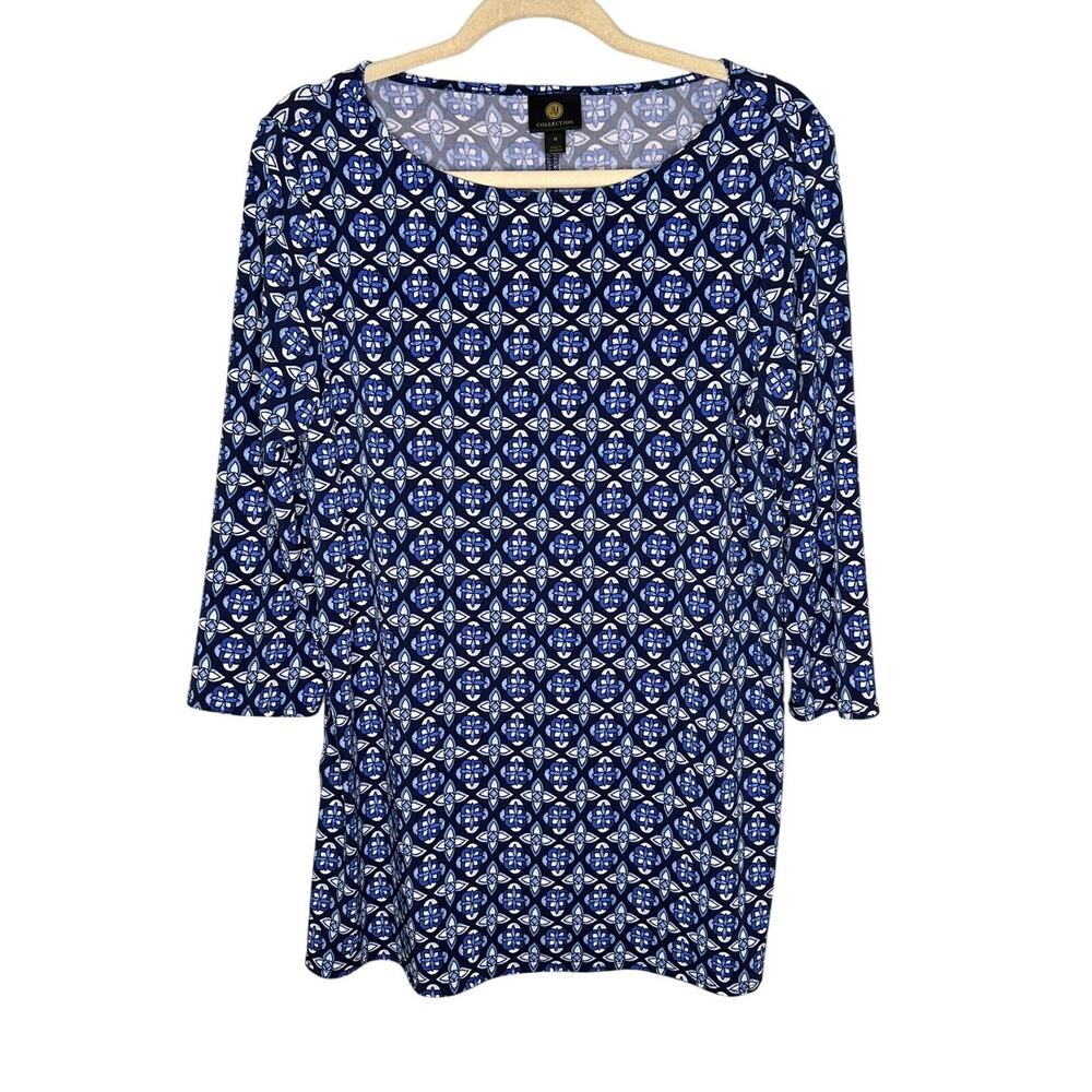 JM‎ Collection Tunic Blue Black Geometric Print 3/4 Sleeve Size M Office Work